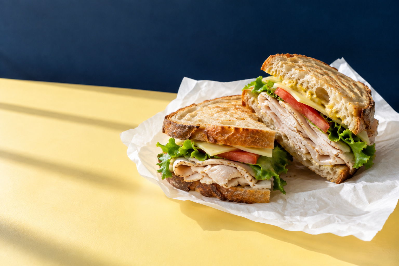 Fresh turkey sandwich on deli paper